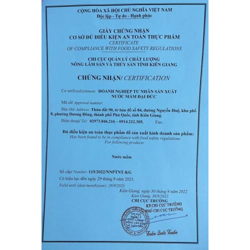 Giấy chứng nhận An Toàn Vệ Sinh Thực Phẩm