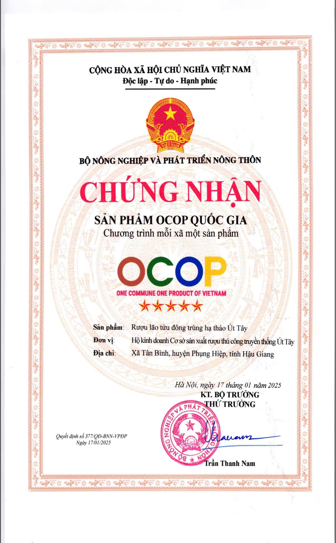 Chứng nhận sản phẩm OCOP 5sao cấp Quốc gia